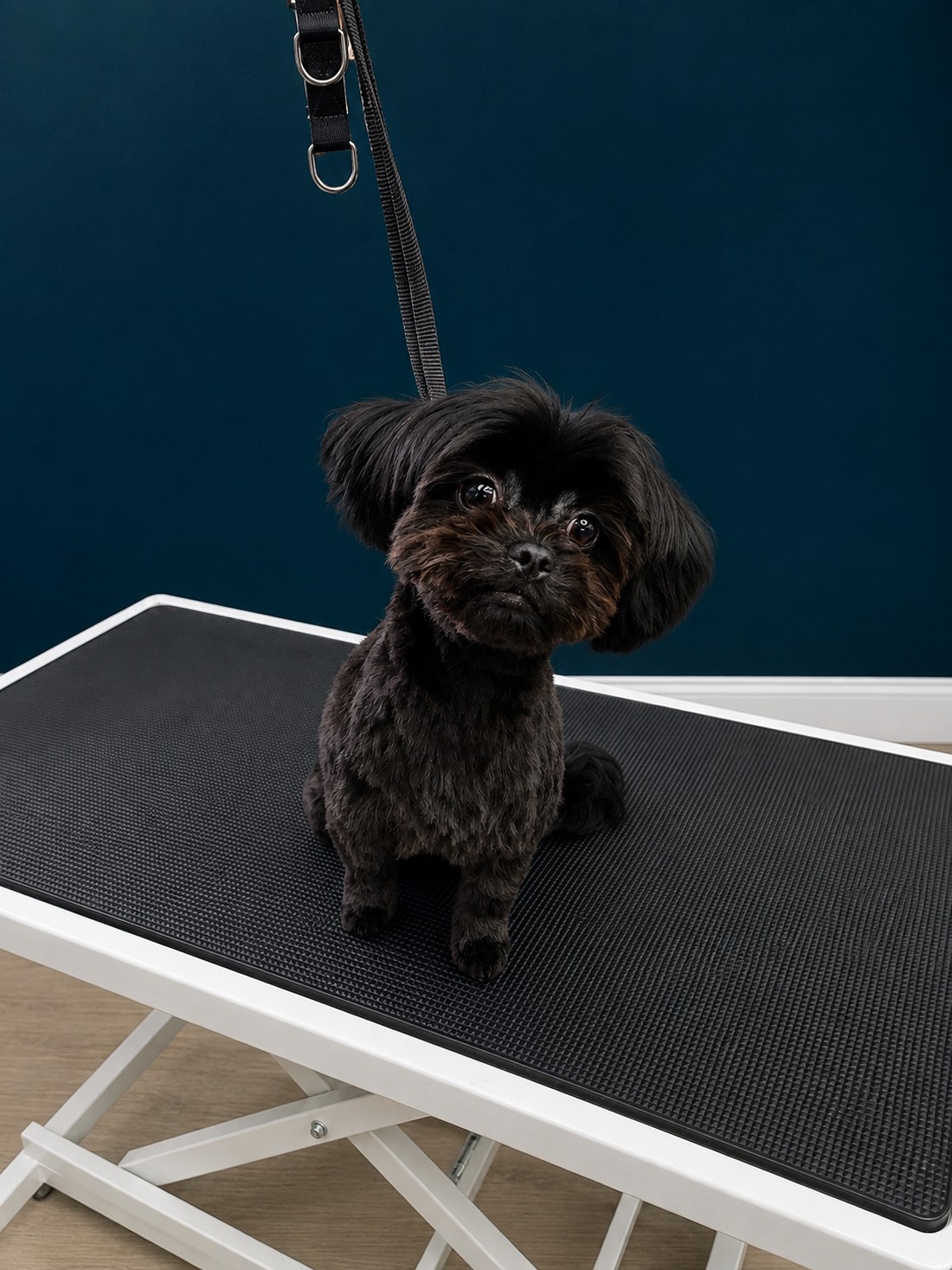 A small black dog finished on the grooming table