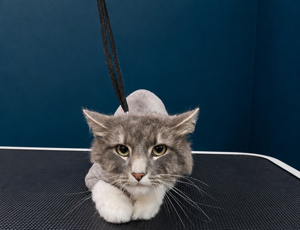 A long-haired grey cat freshly groomed on the table
