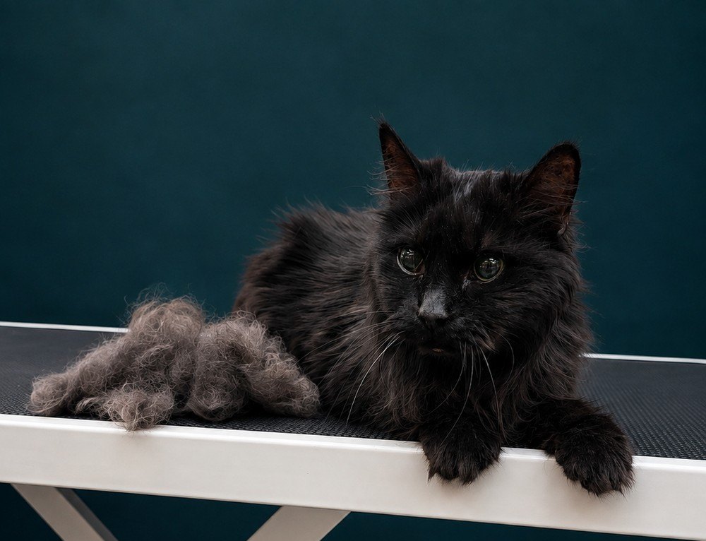 A black long-haired cat groomed at The Gilded Groomer