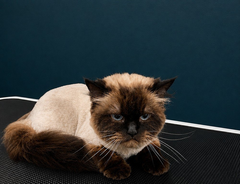 A seal-point long-haired cat resting on the grooming table