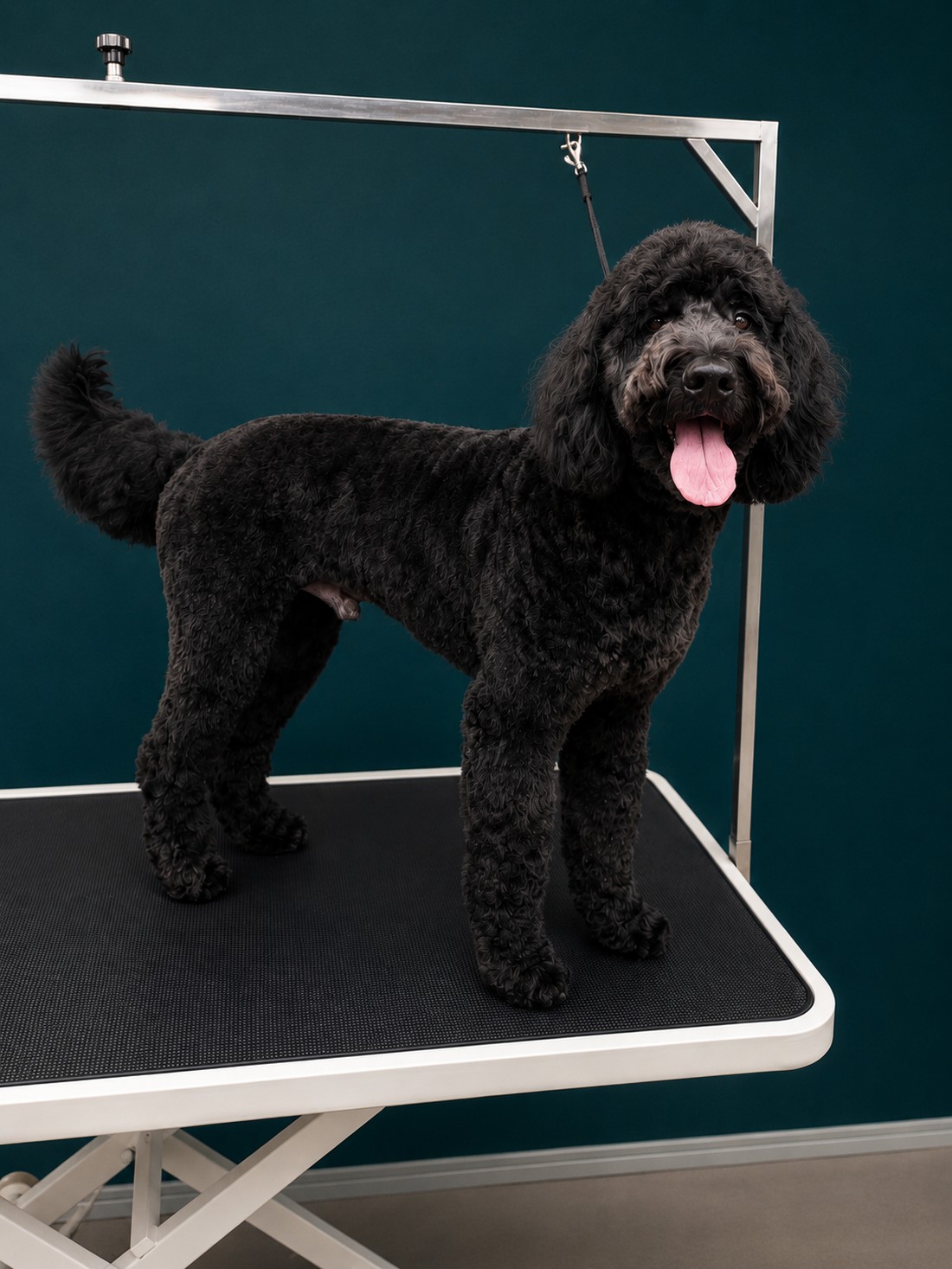 A black doodle finished with a full body haircut
