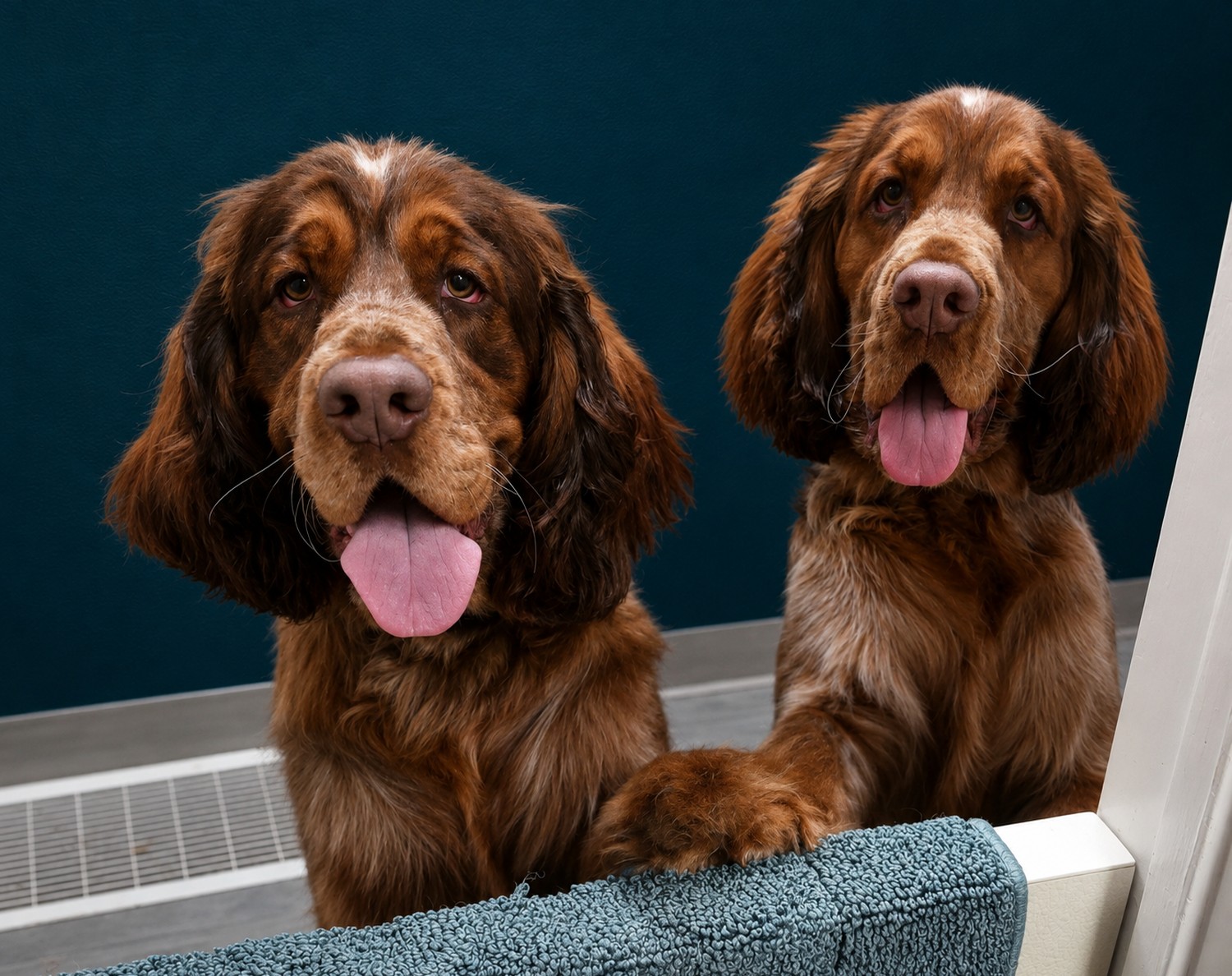 Two chocolate spaniels finished together