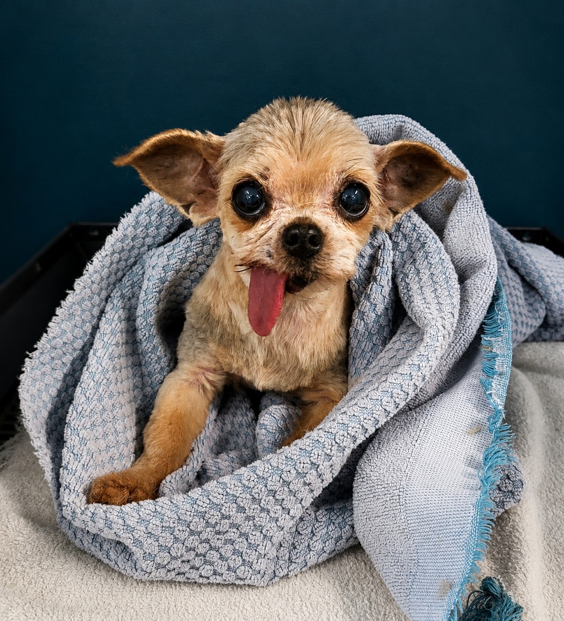 A senior dog wrapped in a towel after a bath