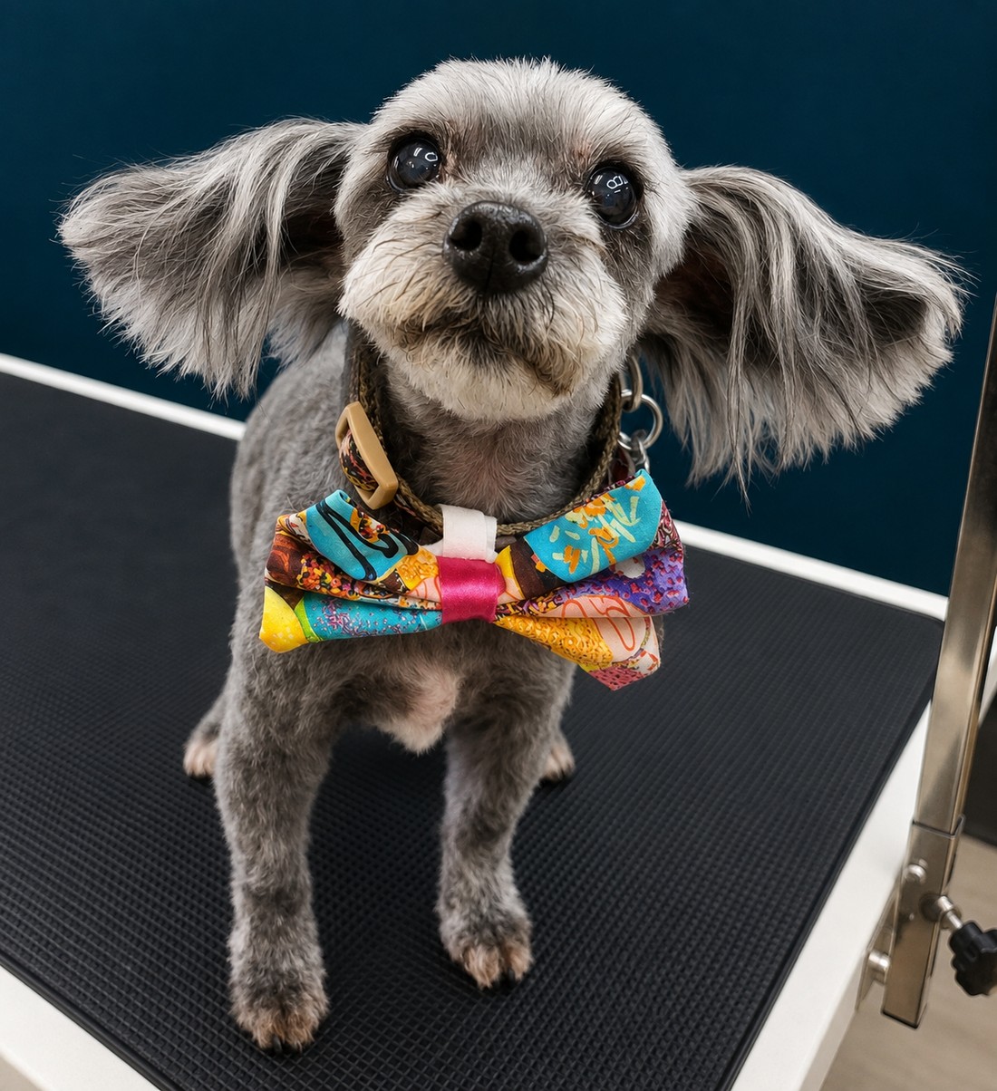 A small senior dog finished on the grooming table
